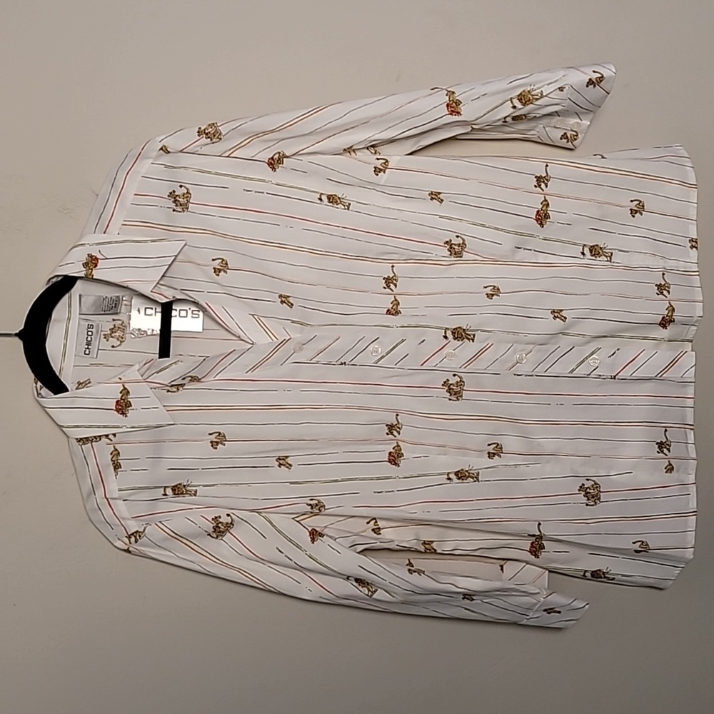 Chico's Roaring Tails Stripe Olissa 3/4 Shirt in Optic White Sz 3 NWT Novelty